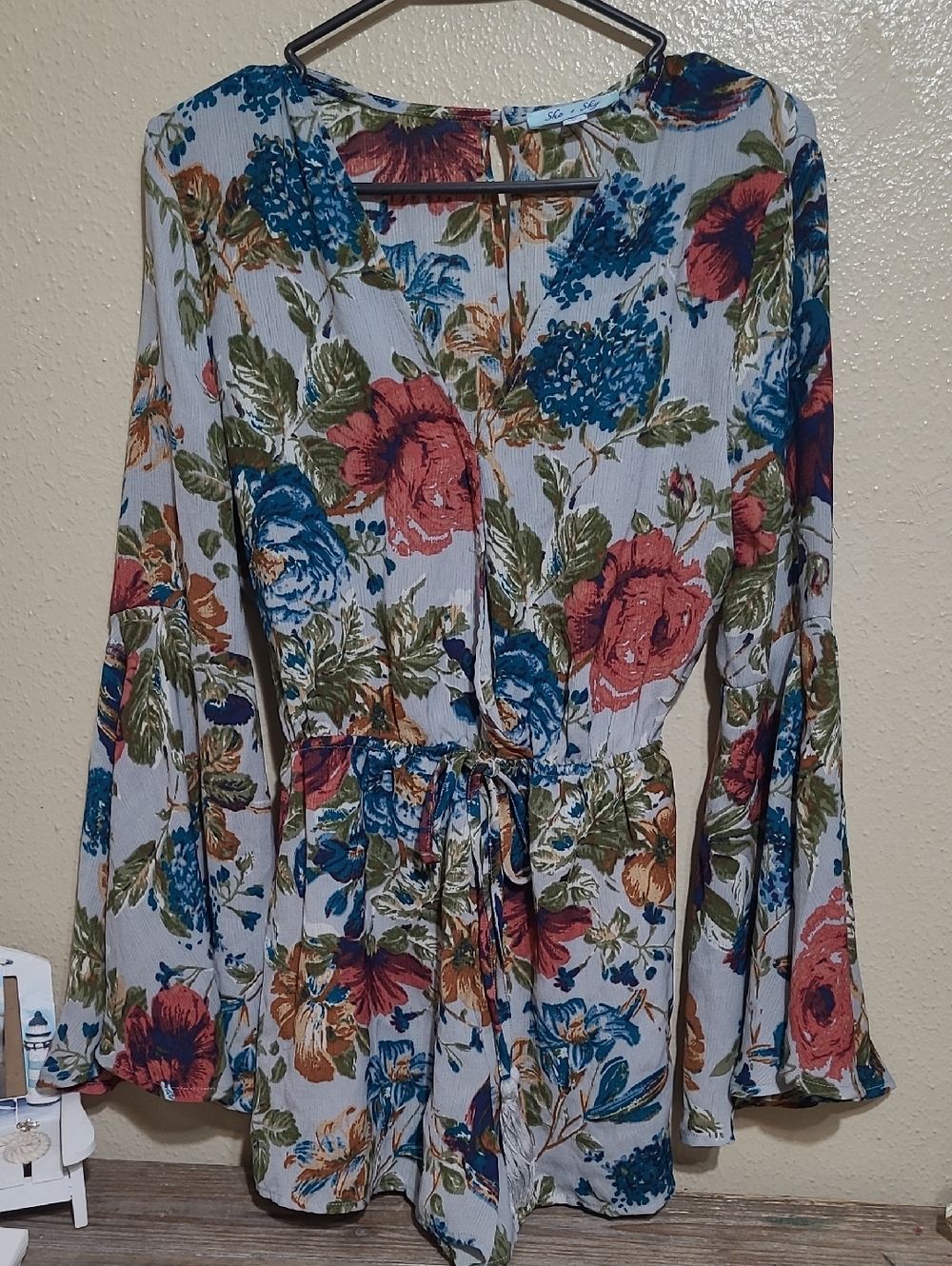 She + Sky Floral V-Neck Romper in Blue, Green & Rust